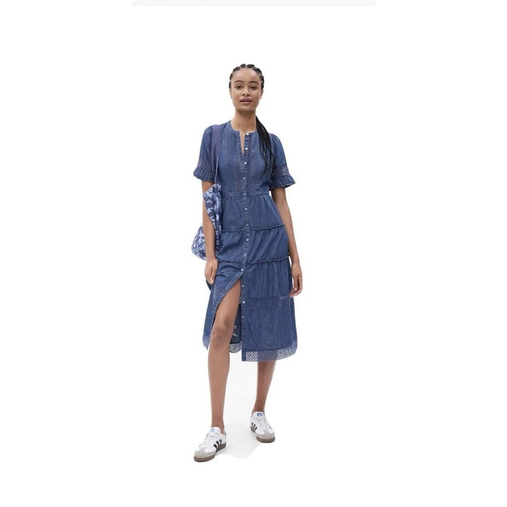 Gap x LoveShackFancy Maxi Dress Womens Small Blue Denim Eyelet Lace Tiered Boho